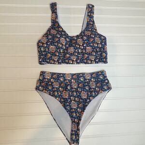 Womens 2 Piece Swimsuit Small Blue Ditsy Scoop Neck Floral Bikini High Cut Cheek